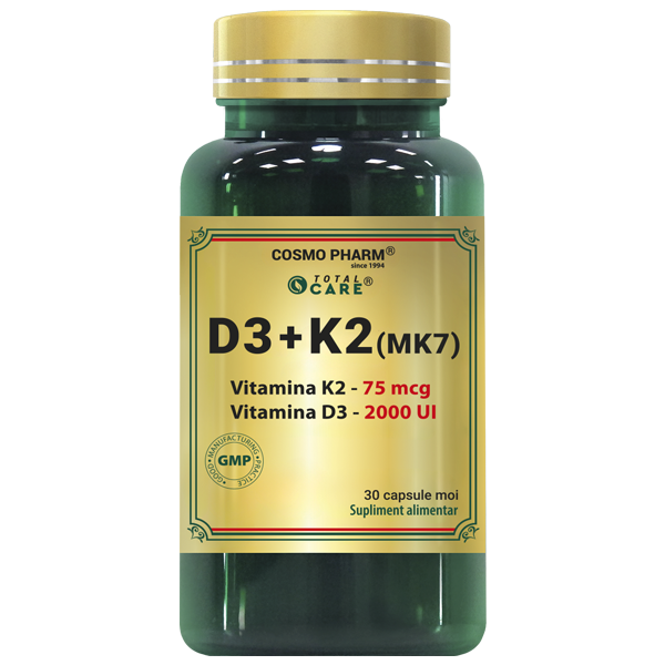 Vitamina D3, 2000 UI + K2 (MK-7), capsule moi 30 capsule