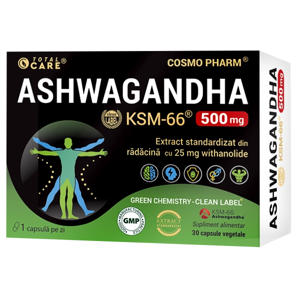 ASHWAGANDHA KSM-66, 500 mg cu 25 mg Withanolide, 30 capsule vege