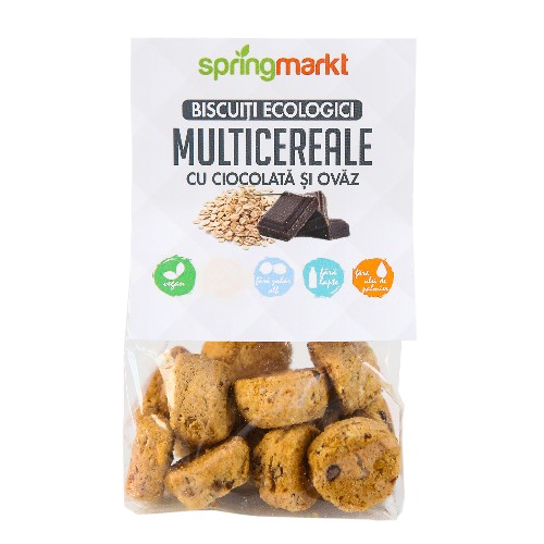 Biscuiti Bio Multicereale cu Ciocolata si Ovaz, 100g, springmark